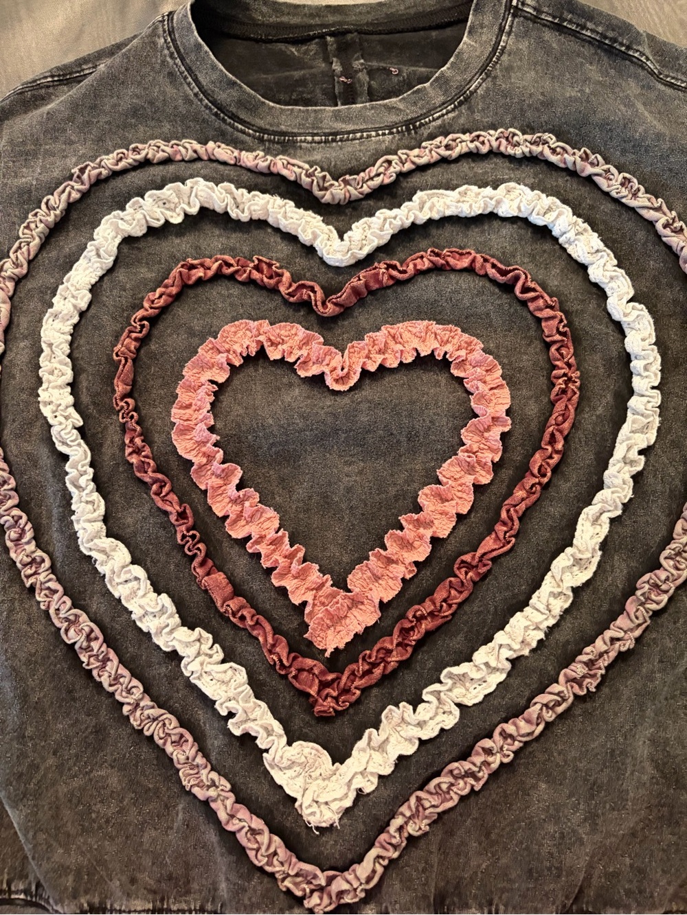 Washed Black Short-Sleeve Heart Ruffle Tee - Layered Pink & White Detail - Picture 3 of 5